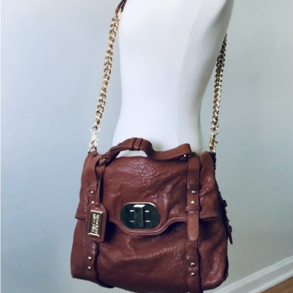 Badgley Mischka Burgundy Leather Shoulder Bag Tote Side Pockets Hang Tag XC